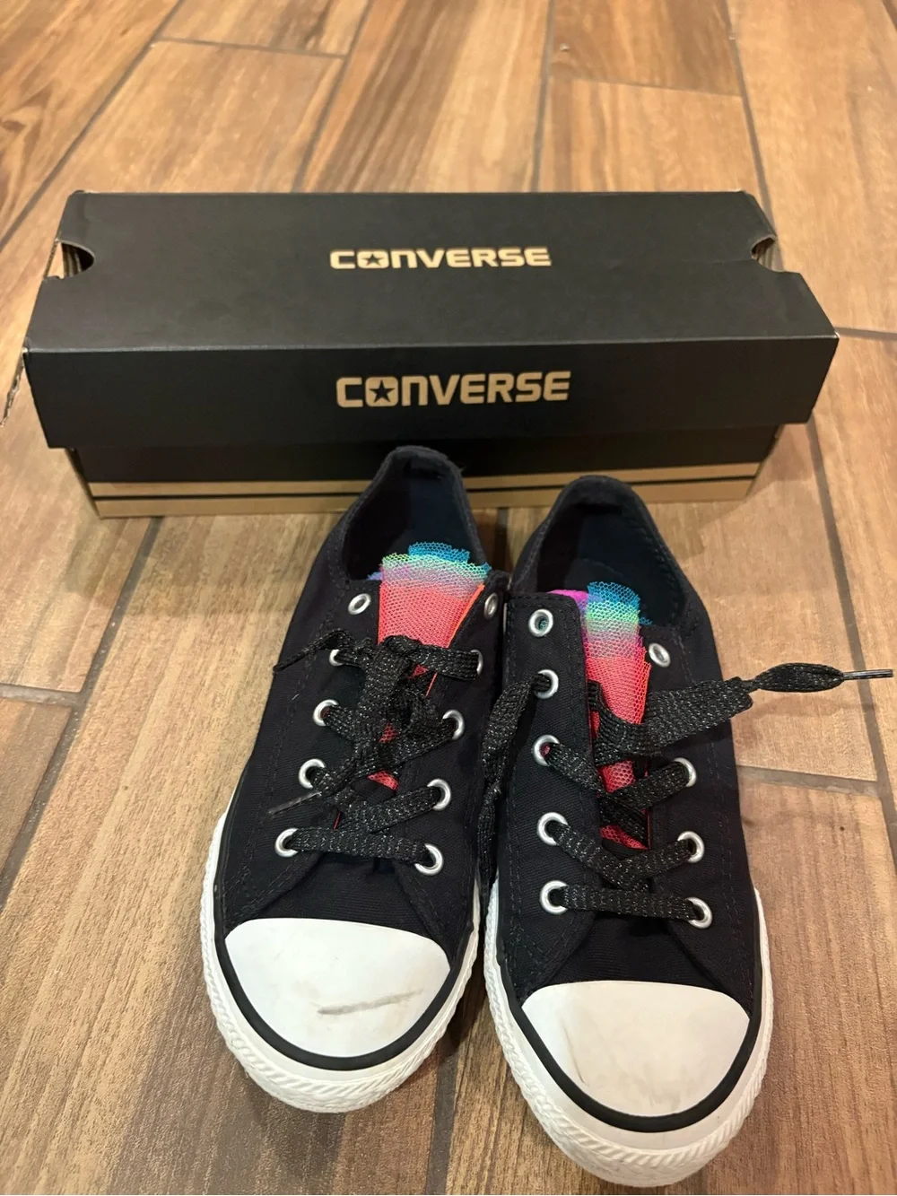 Converse Kids Black Canvas Low Top Sneakers with Multicolor Tongue